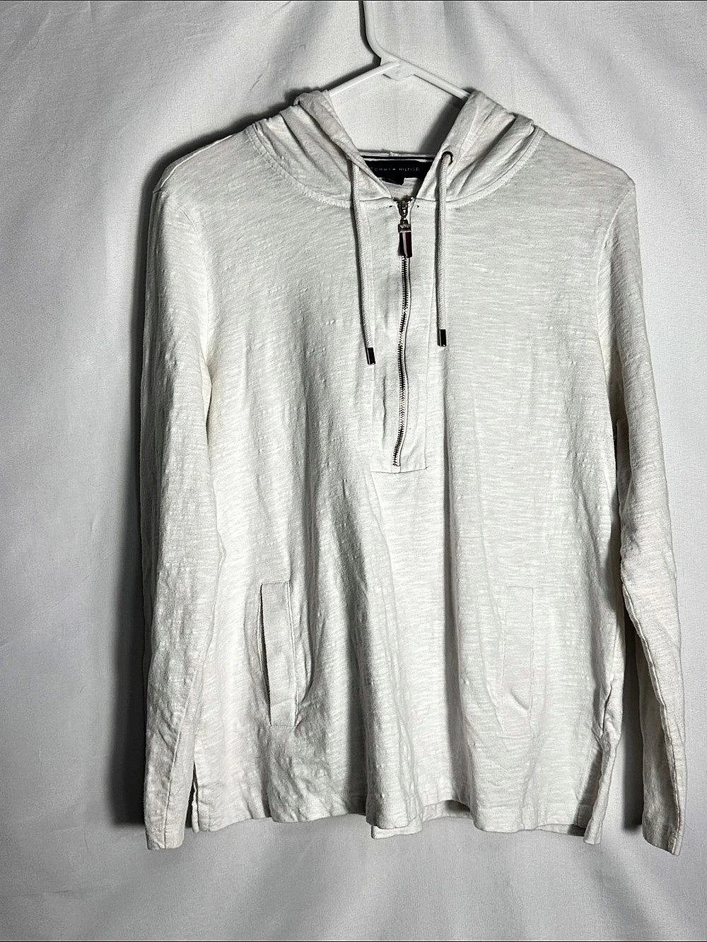 Tommy Hilfiger Long-Sleeve Quarter Zip Hooded Slub Pullover White Large